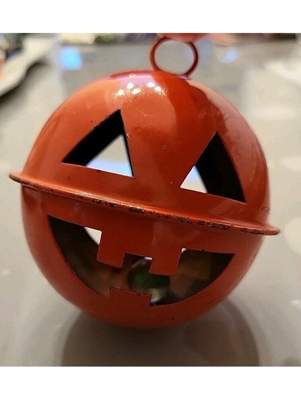Vintage Large Halloween Jack o Lantern Pumpkin Jingle Bell w Glass Marble 3.75